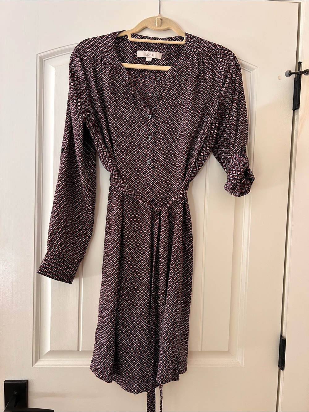 LOFT Burgundy and Pink Diamond-Print Long Sleeve Shirt Dress